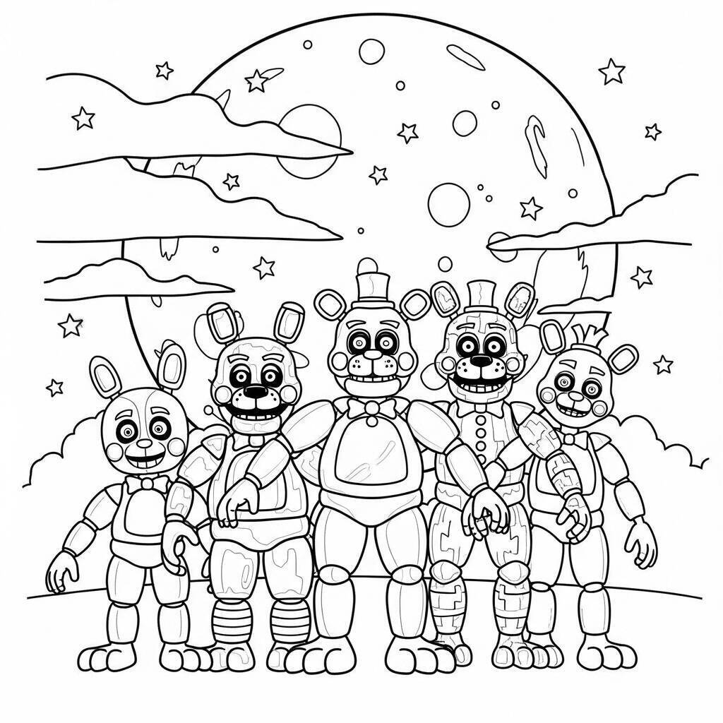 Desenho de Five Nights at Freddy's com fundo de noite para colorir