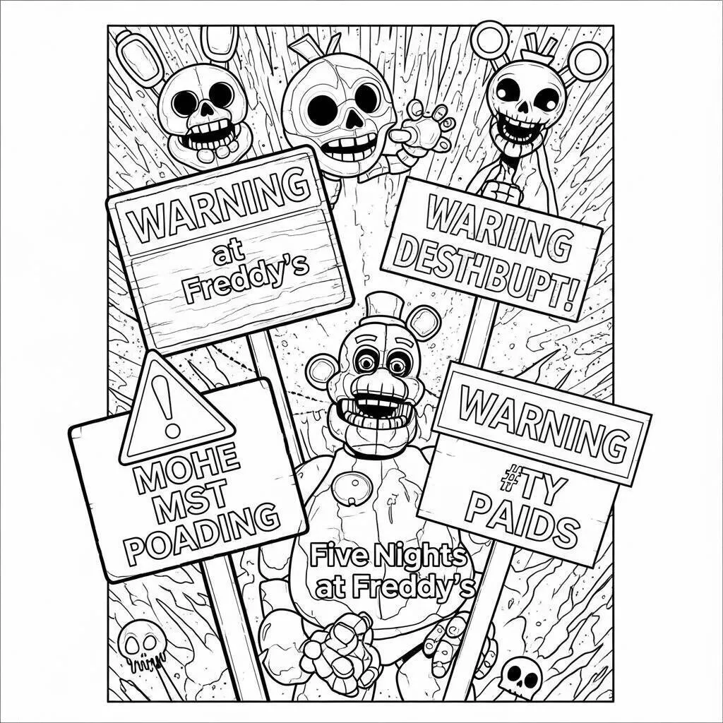 Desenho de Five Nights at Freddy's com mensagens de alerta para colorir