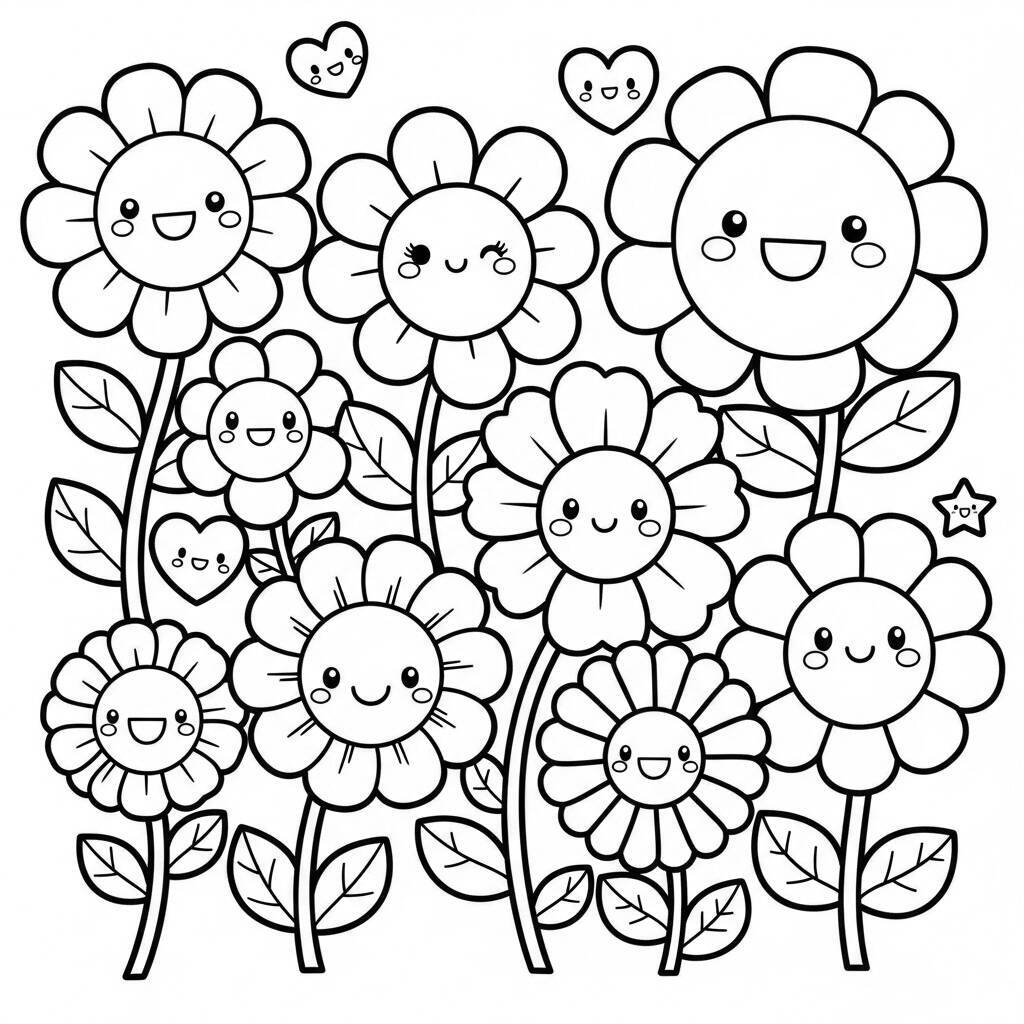 Desenho de Flores Kawaii para Colorir