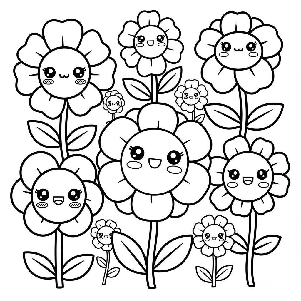 Desenho de Flores Kawaii para Colorir