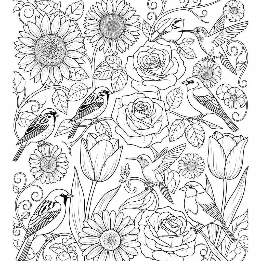 Desenho de Flores com Pássaros para Colorir