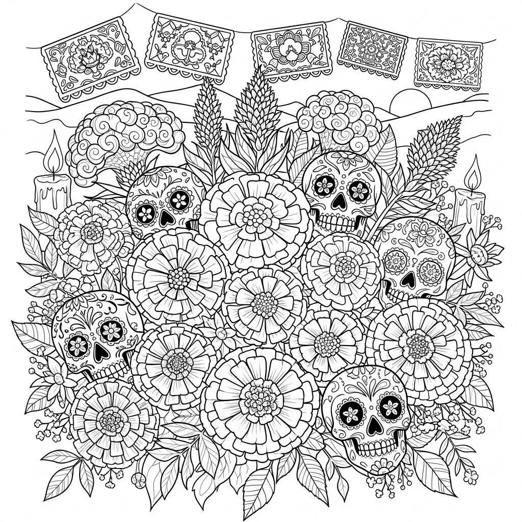 Desenho de Flores de Dia dos Mortos para Colorir