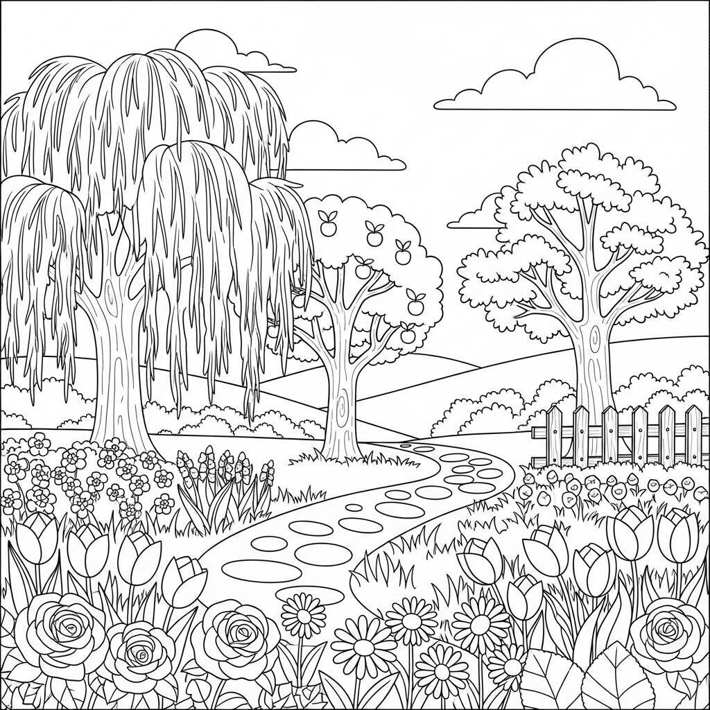 Desenho de Flores e Arvores para Colorir