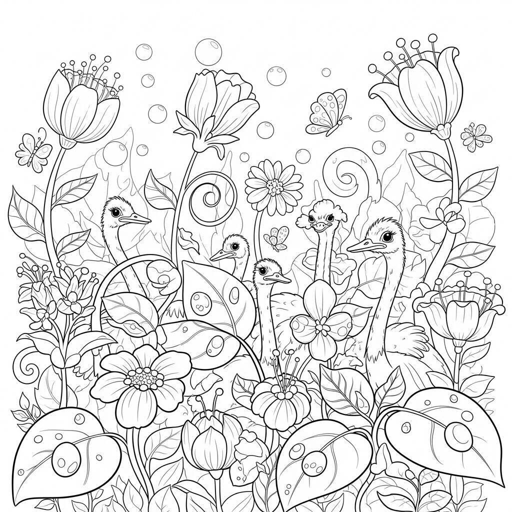 Desenho de Flores e Avestruzes para Colorir