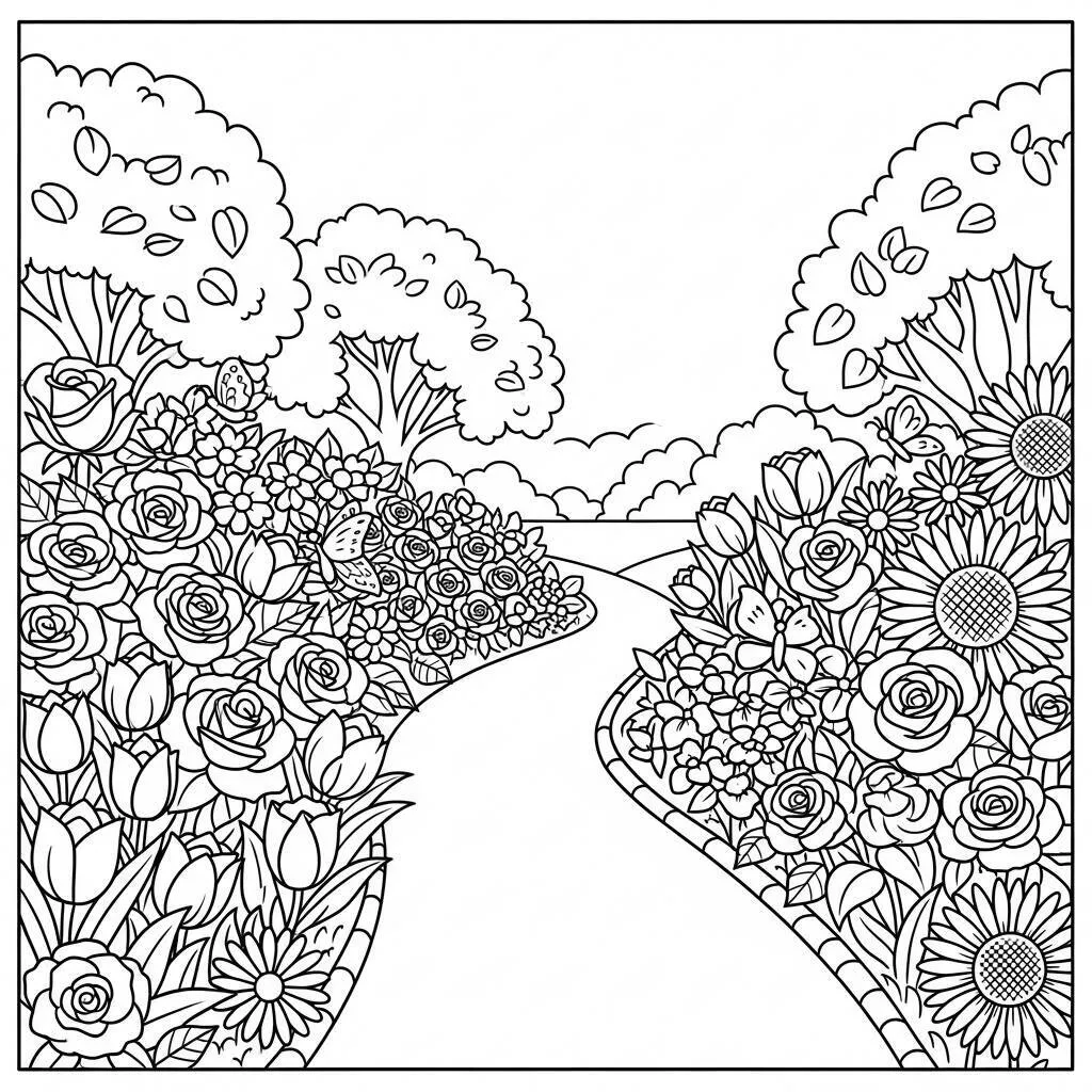 Desenho de Flores e Caminhos para Colorir