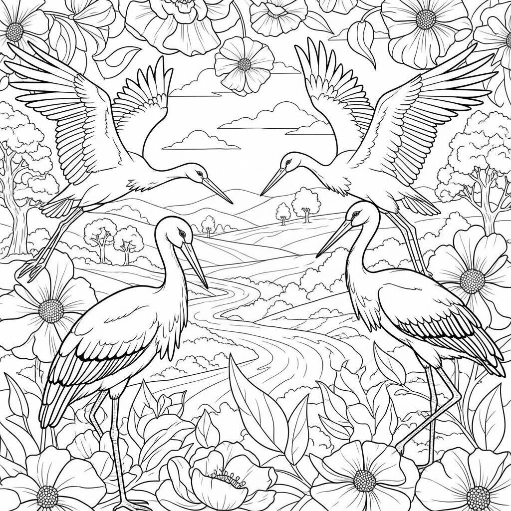 Desenho de Flores e Cegonhas para Colorir