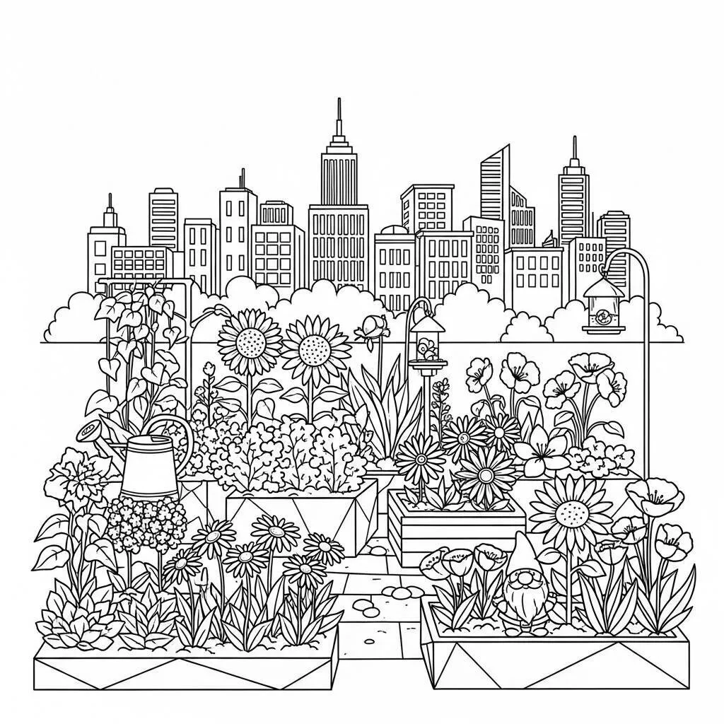 Desenho de Flores e Cidades para Colorir