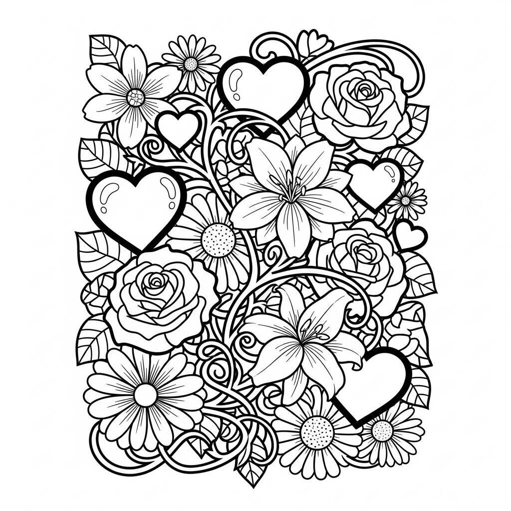 Desenho de Flores e Corações para Colorir