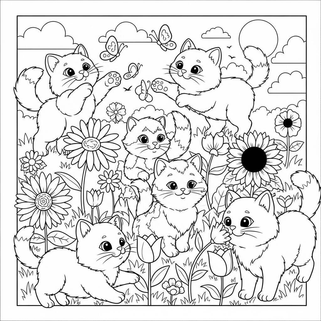 Desenho de Flores e Gatos para Colorir