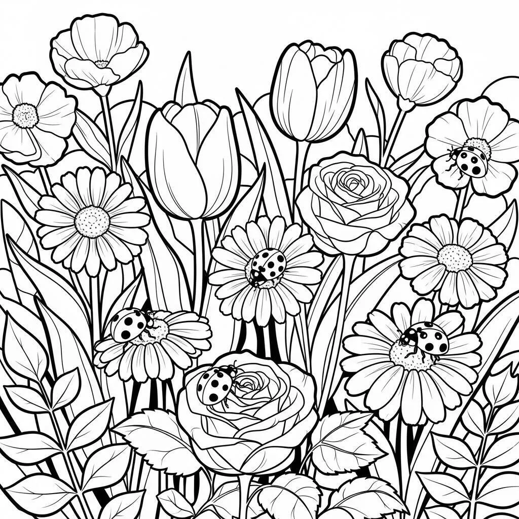 Desenho de Flores e Joaninhas para Colorir