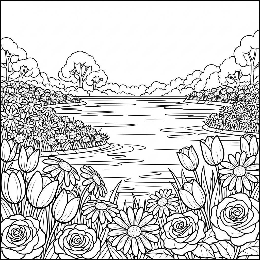 Desenho de Flores e Lago para Colorir