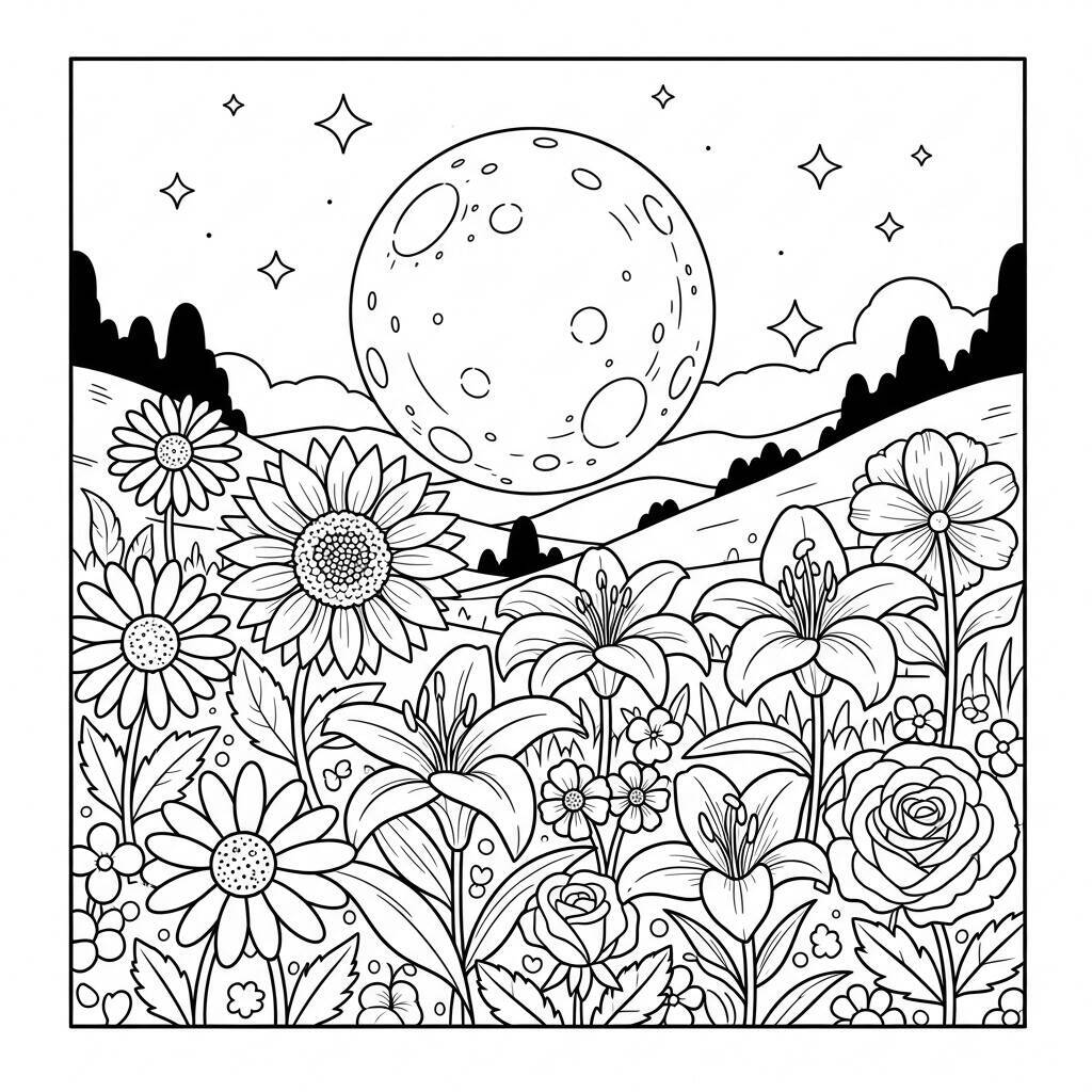Desenho de Flores e Lua para Colorir