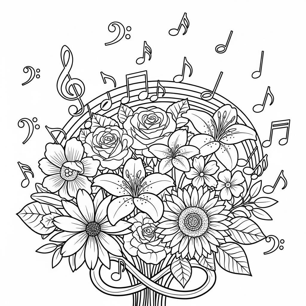 Desenho de Flores e Música para Colorir