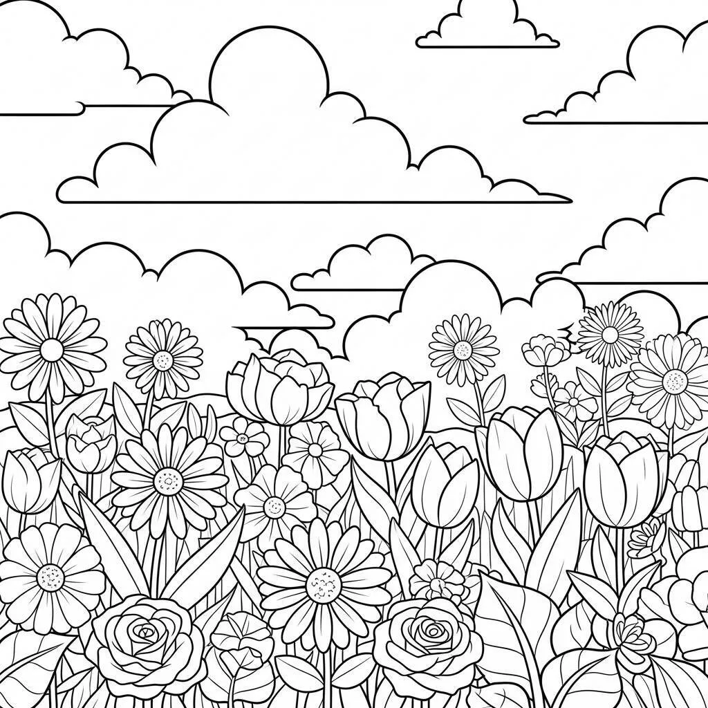 Desenho de Flores e Nuvens para Colorir