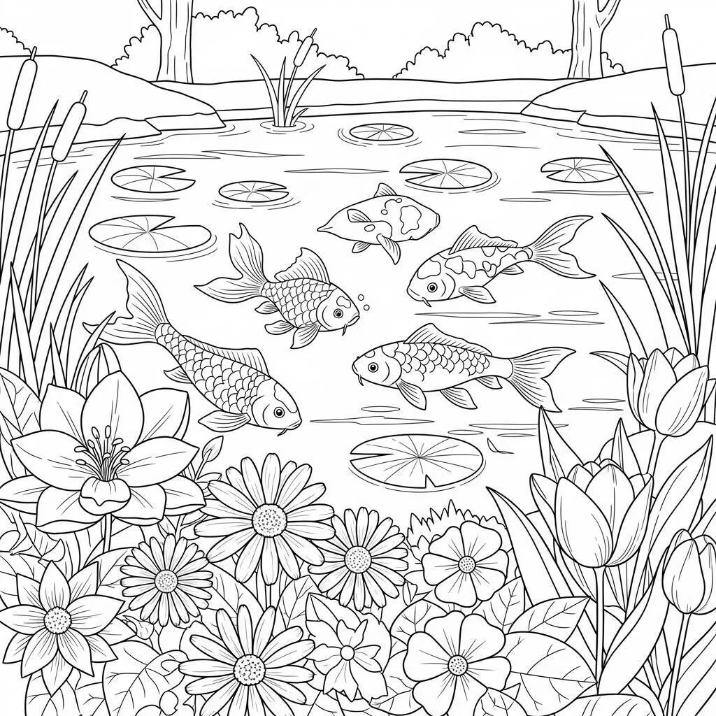 Desenho de Flores e Peixes para Colorir