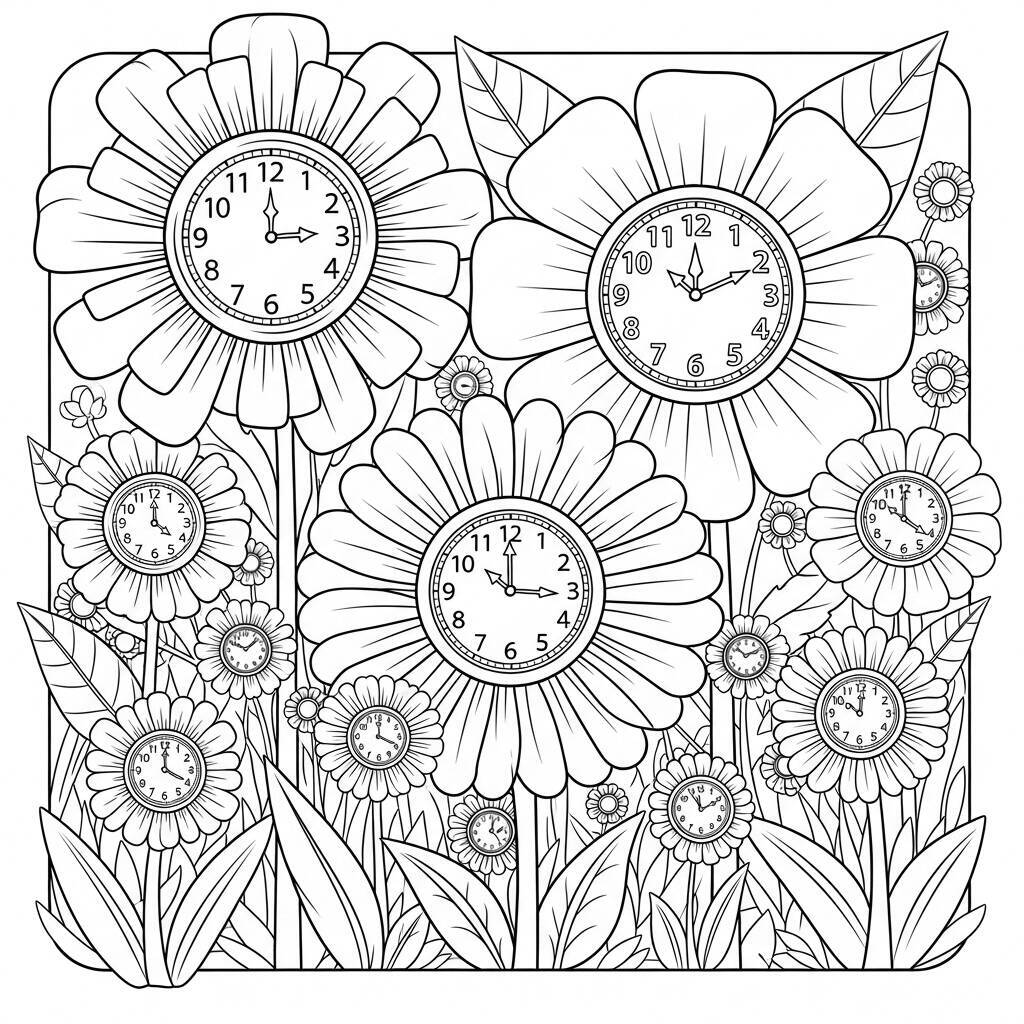 Desenho de Flores e Relógios para Colorir