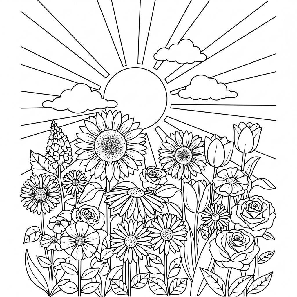 Desenho de Flores e Sol para Colorir