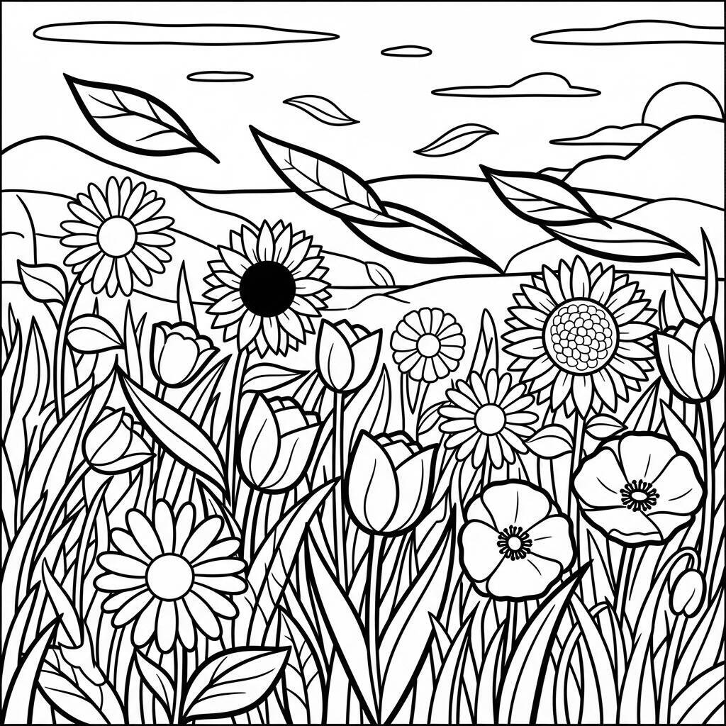 Desenho de Flores e Ventos para Colorir