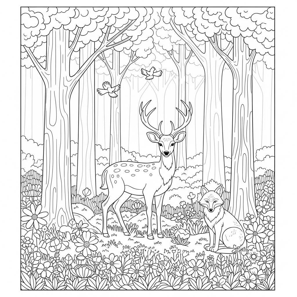 Coloriage forêt avec animaux