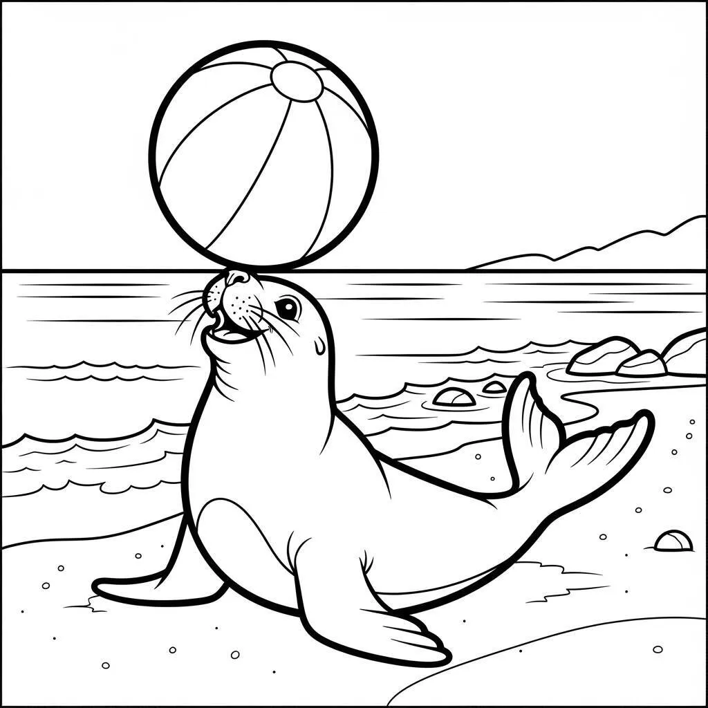Desenho de Foca Brincando na Praia para Colorir