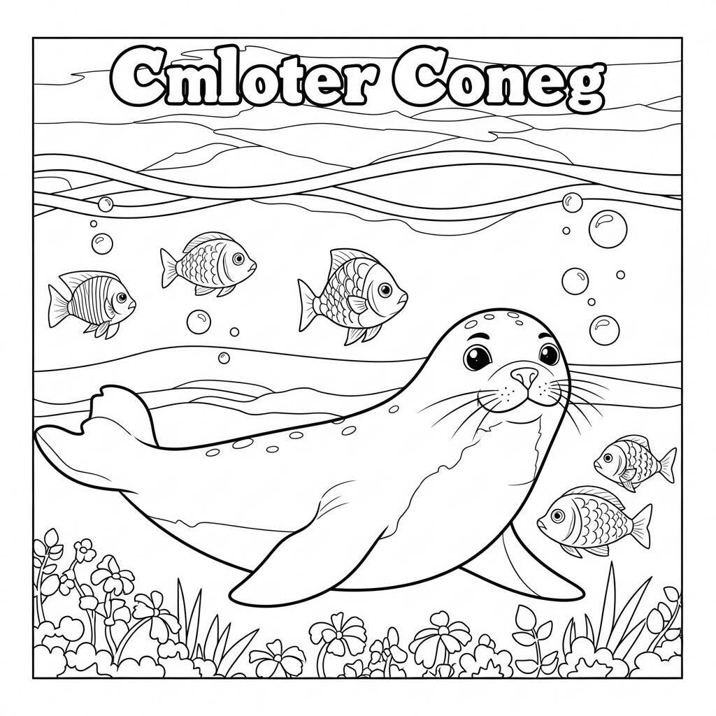 Desenho de Foca com Peixes para Colorir
