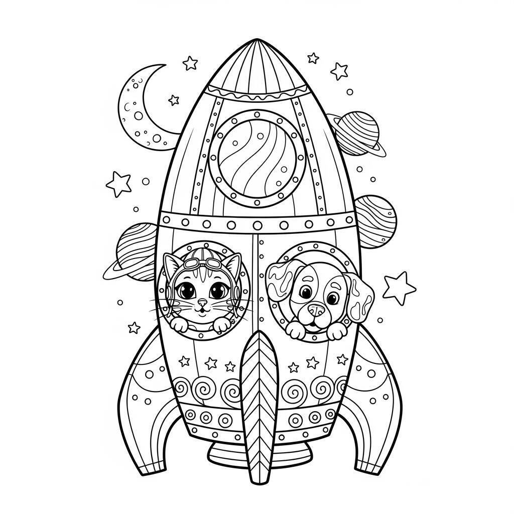 Ausmalbild: Rakete mit Tieren