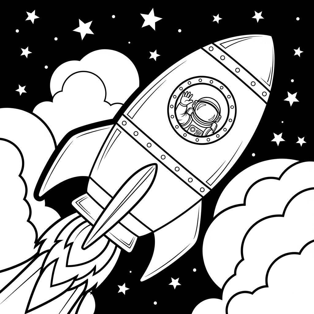 Rakete mit Astronauten-Malseite