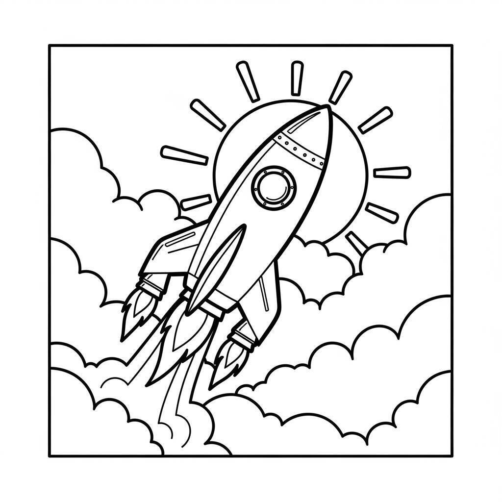 Ausmalbild: Rakete mit Wolken