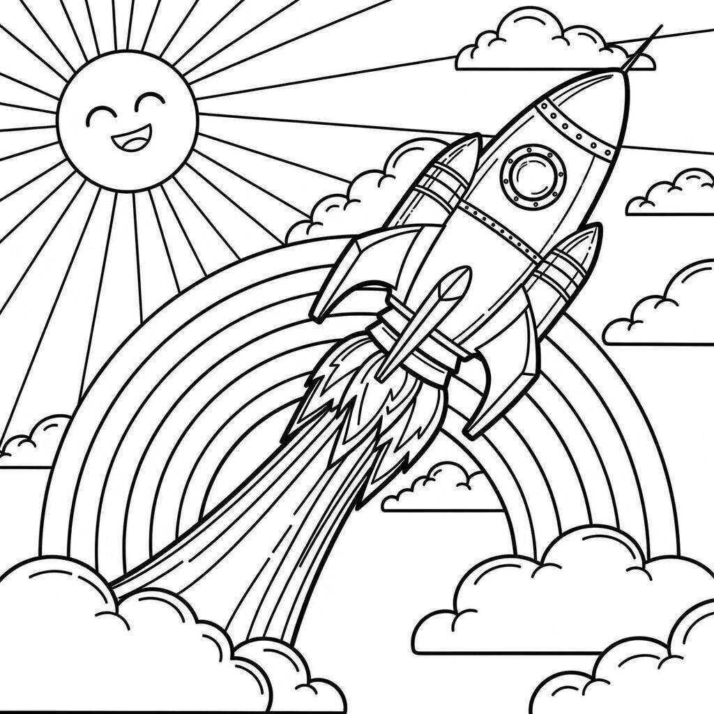 Malvorlage Rakete und Regenbogen