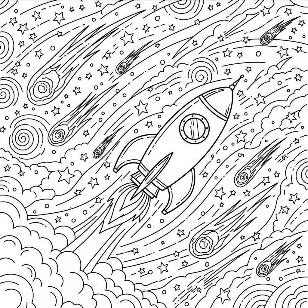 Ausmalbild: Rakete und Kometen