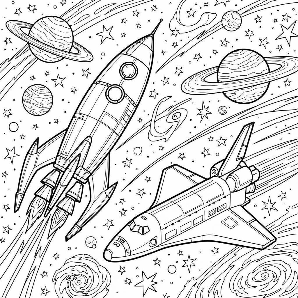 Ausmalbild: Rakete und Raumschiff