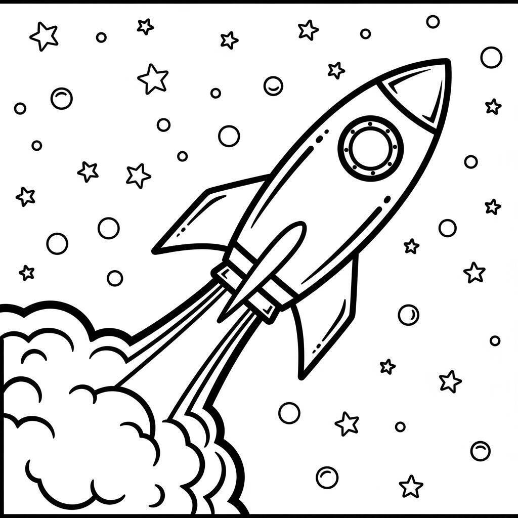 Ausmalbild: Rakete und Sterne
