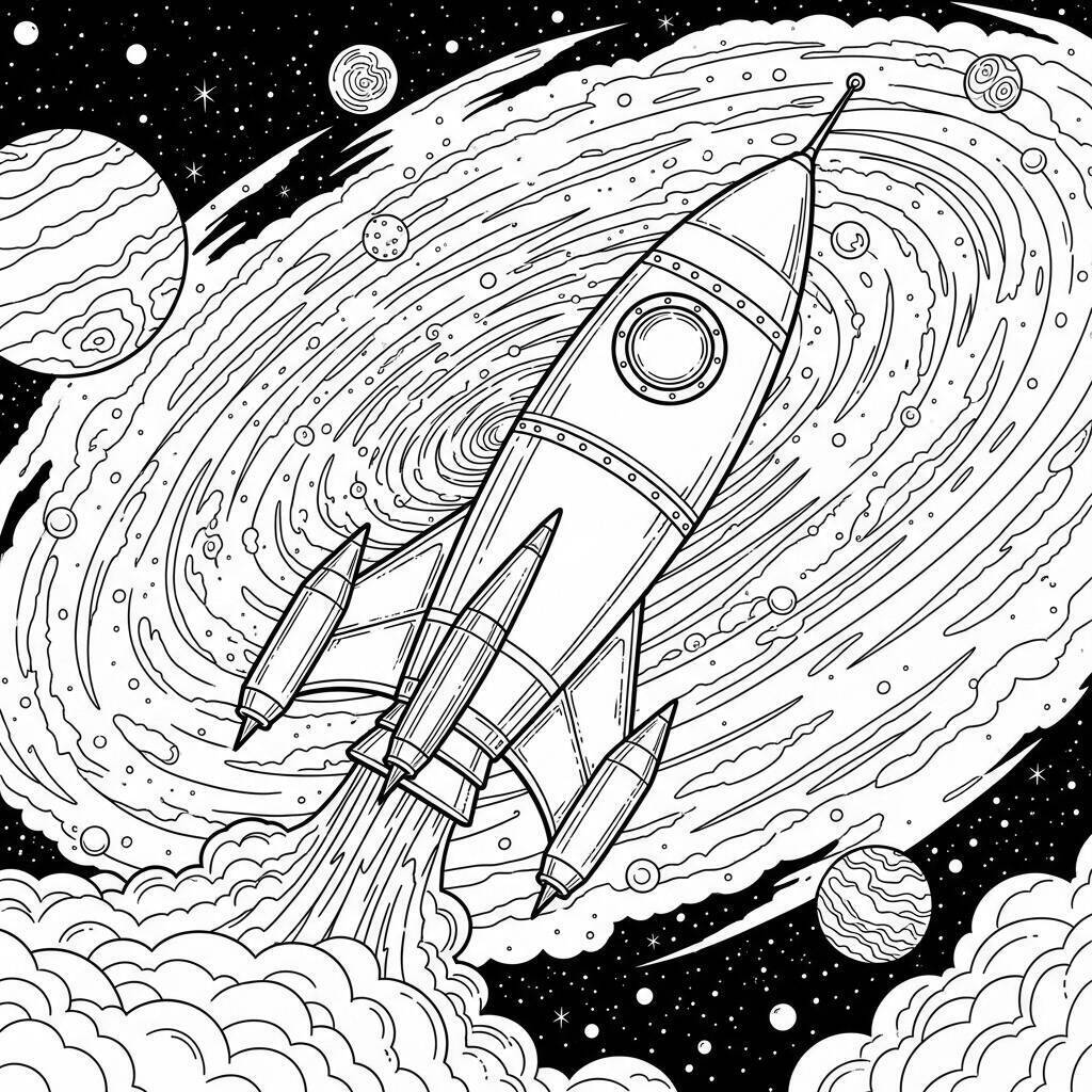 Ausmalbild: Rakete und Galaxie