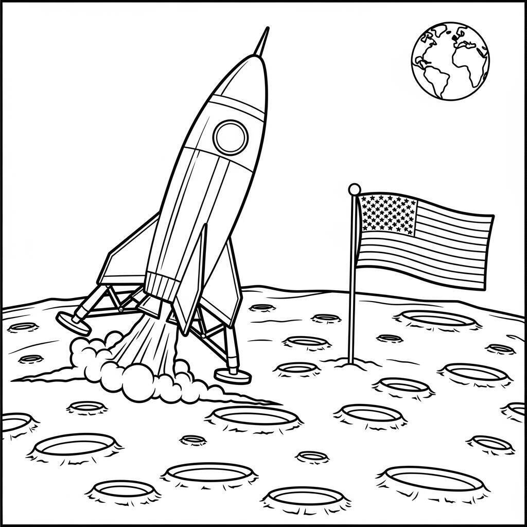 Malvorlage Rakete und Mond
