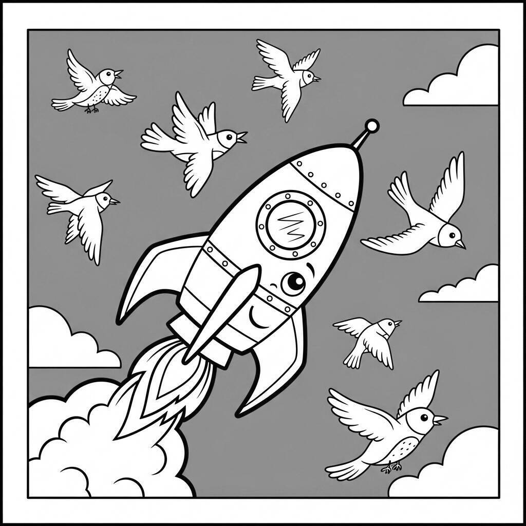 Malvorlage Rakete und Vögel