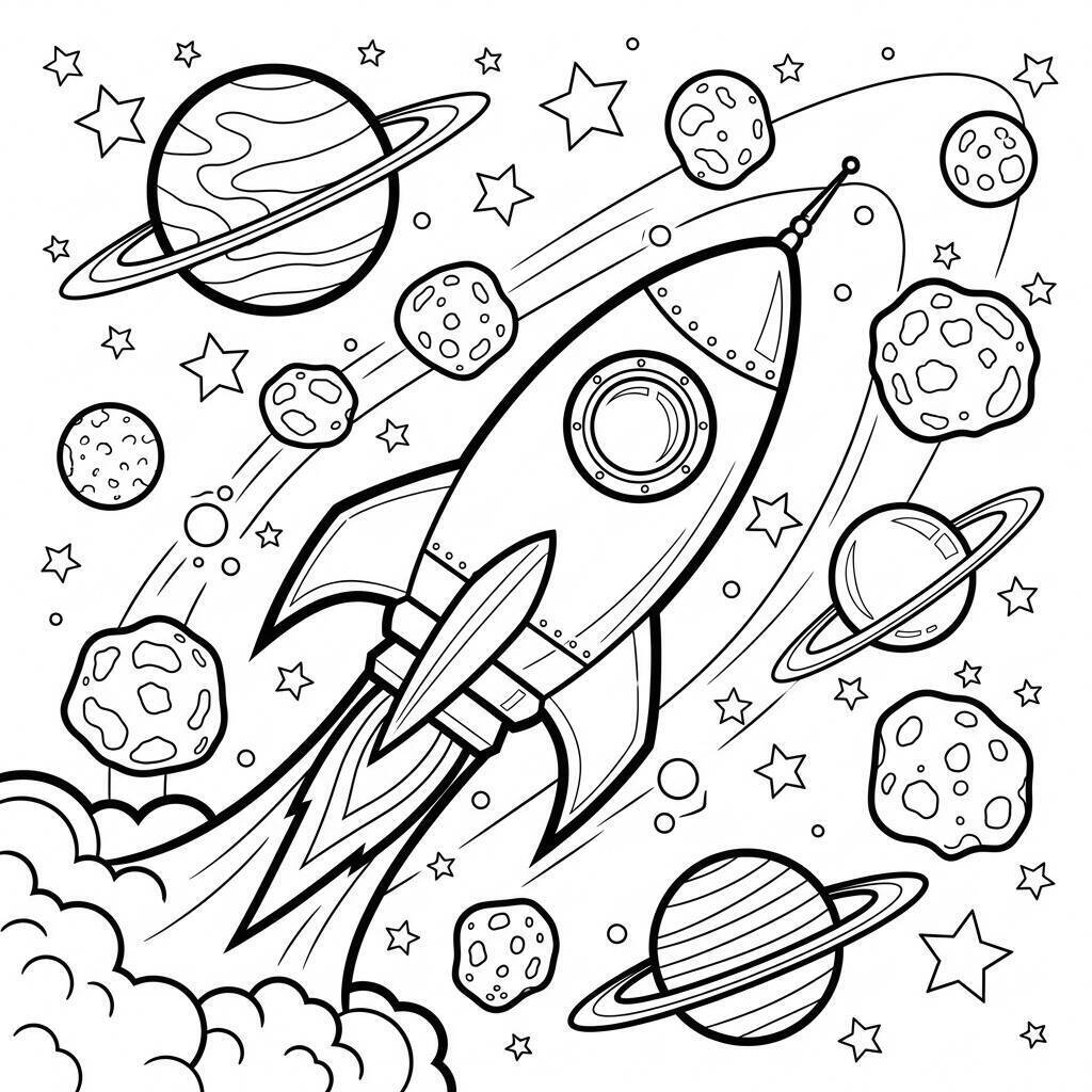 Ausmalbild: Rakete und Planeten