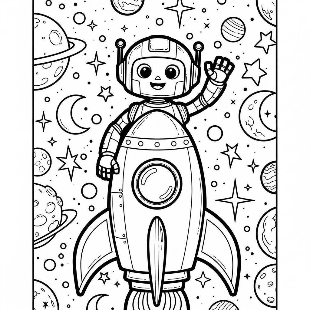 Ausmalbild: Rakete und Roboter