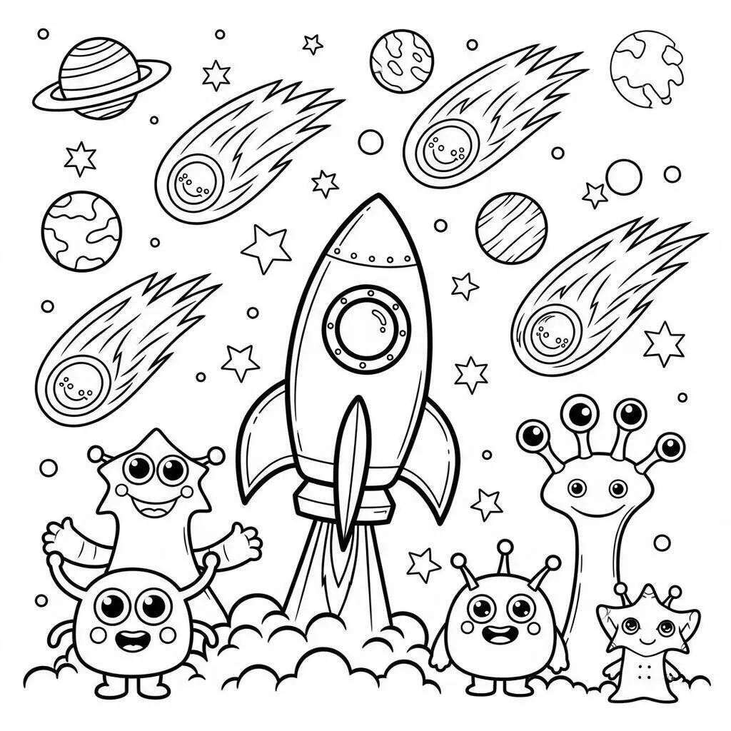 Desenho-de-Foguete-em-Aventura-Espacial-para-Colorir Desenho de Foguete em Aventura Espacial para Colorir