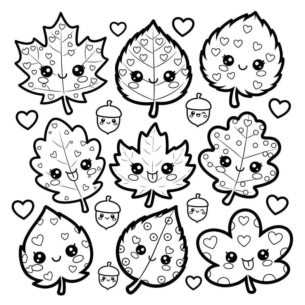 Desenho de Folhas de Outono Kawaii para Colorir