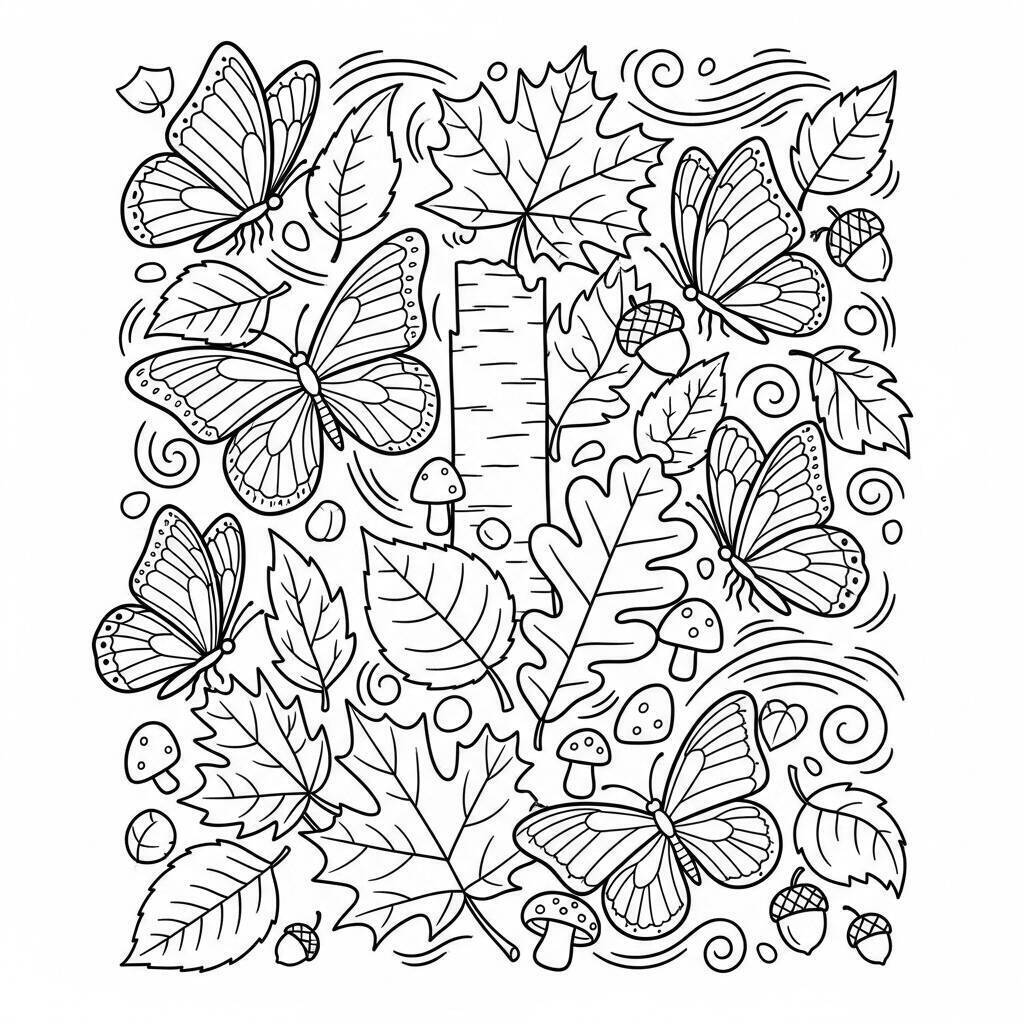 Desenho de Folhas de Outono e Borboletas para Colorir