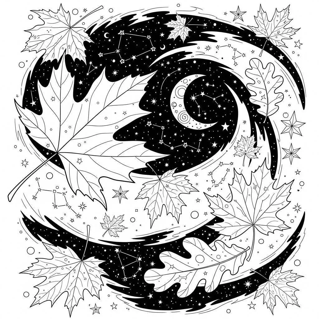 Desenho de Folhas de Outono e Céu Estrelado para Colorir