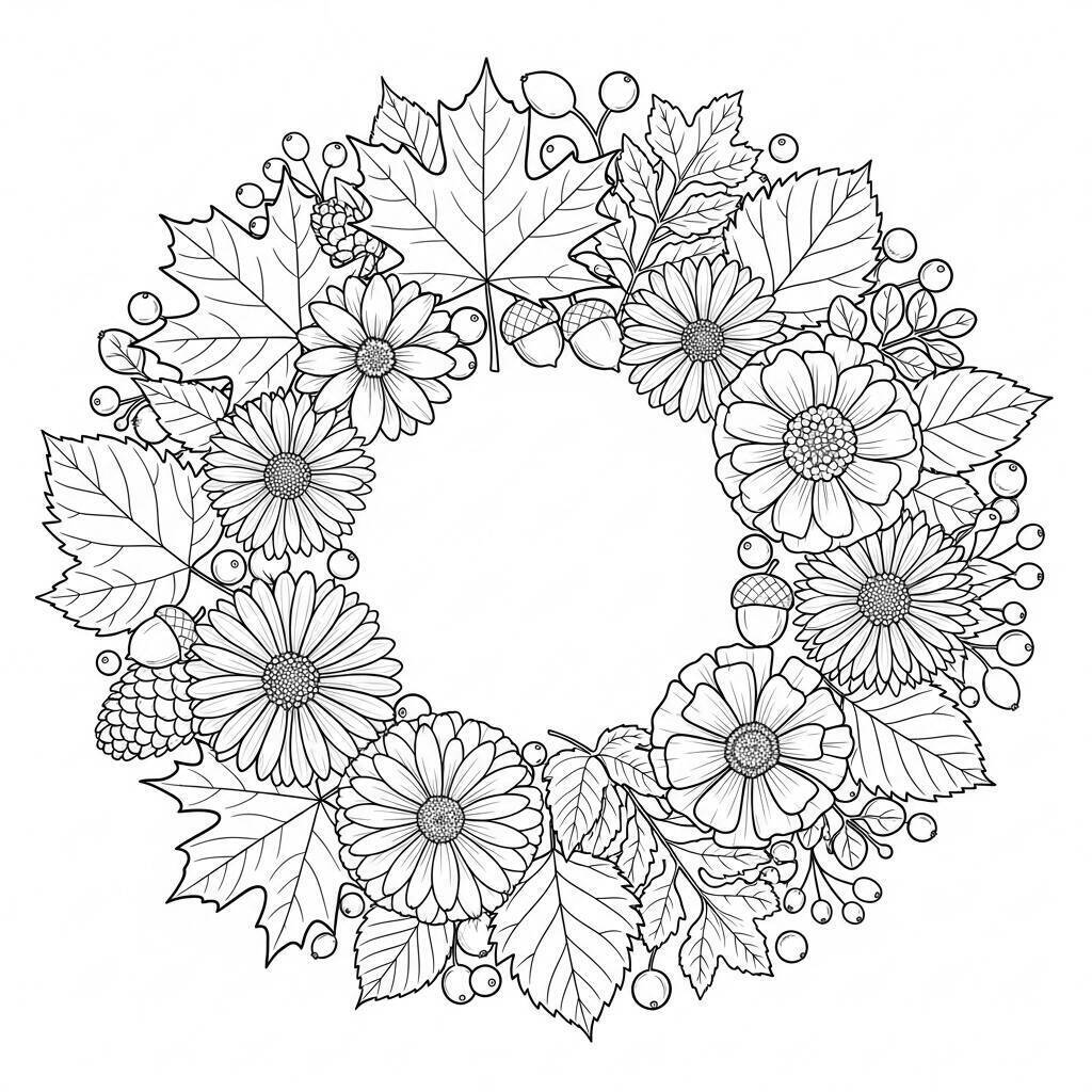 Desenho de Folhas de Outono e Flores para Colorir