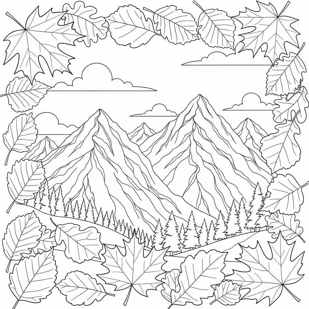 Desenho de Folhas de Outono e Paisagem de Montanha para Colorir