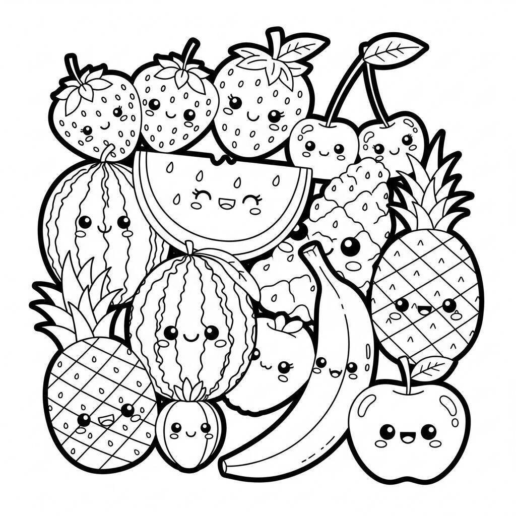 Desenho de Frutas Kawaii para Colorir