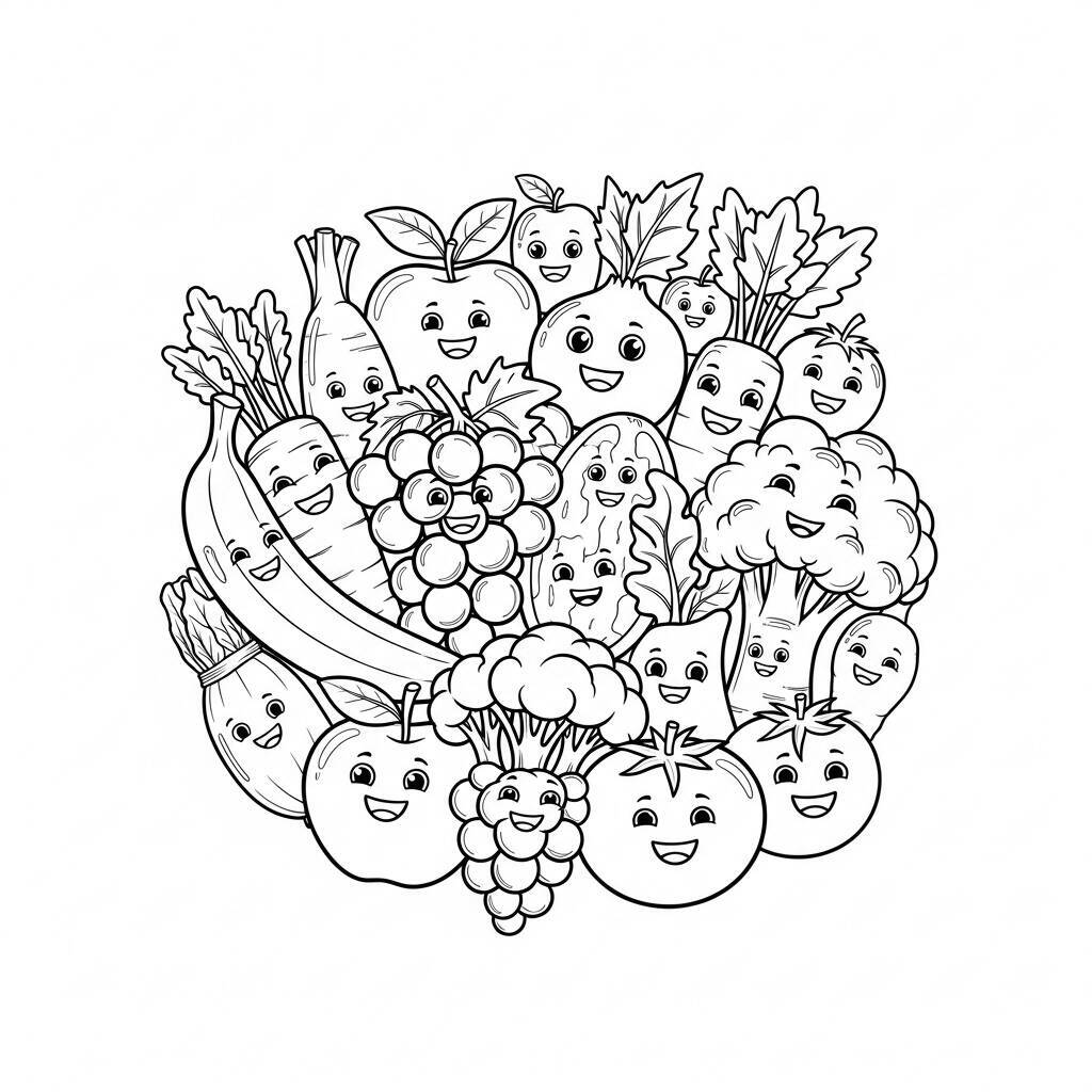 Desenho de Frutas e Vegetais Misturados para Colorir