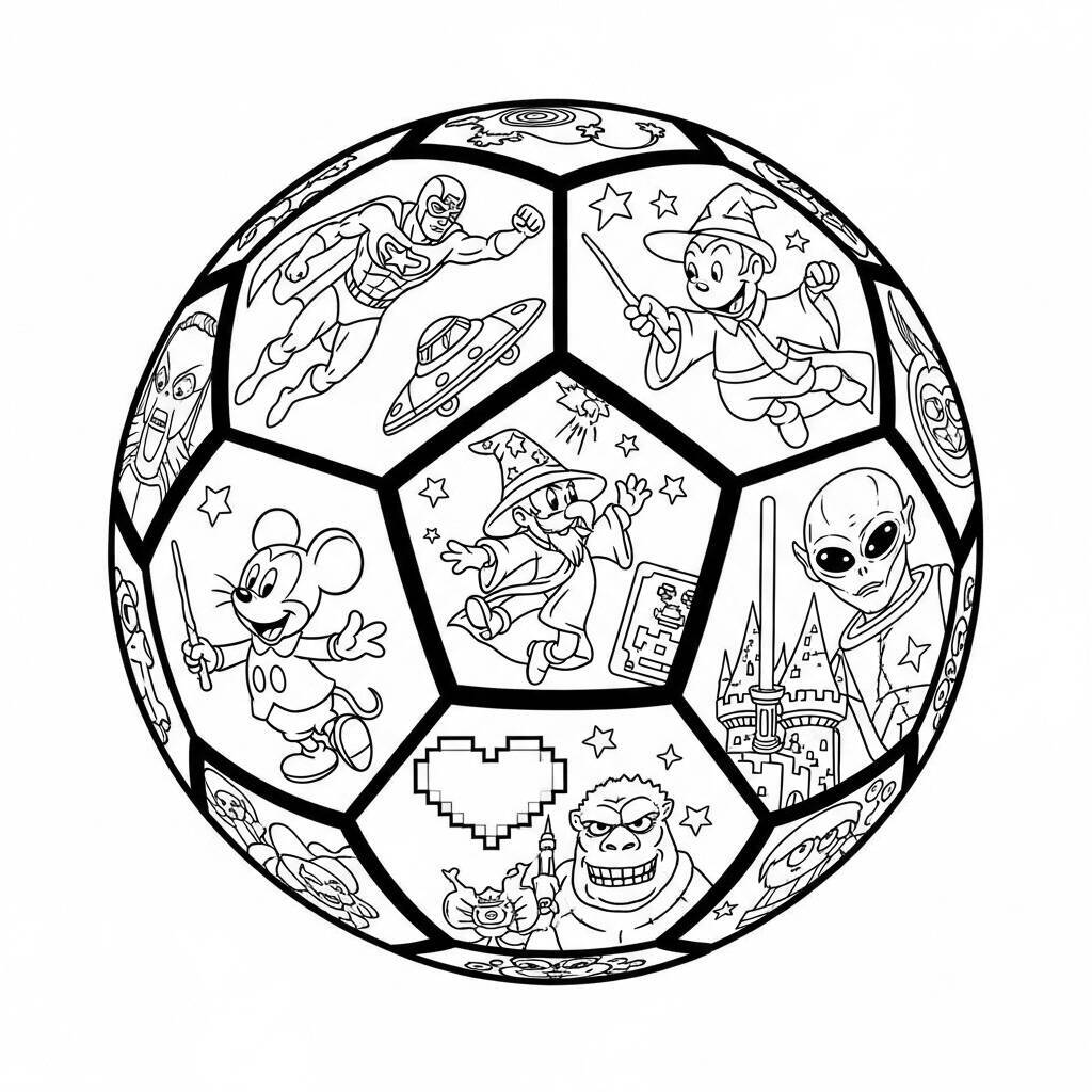 Desenho de Futebol com Elementos de Cultura Pop para Colorir