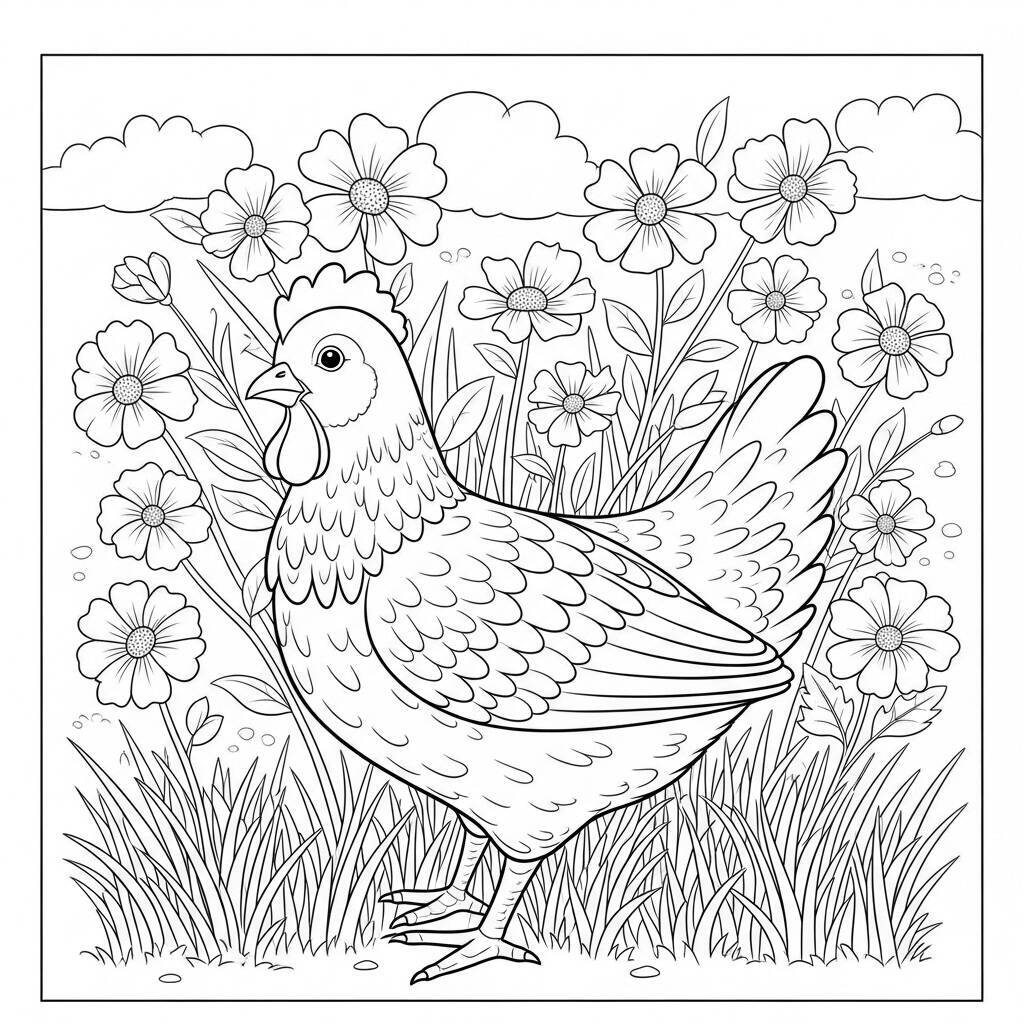 Malvorlage Huhn mit Blumen