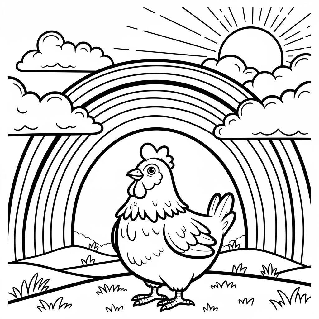 Malvorlage Huhn und Regenbogen