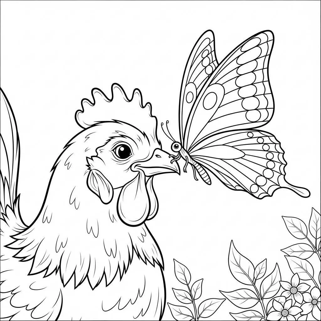 Desenho de Galinha e Borboleta para Colorir