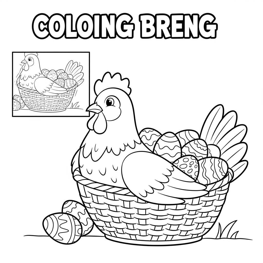 Malvorlage Huhn und Korb mit Eiern